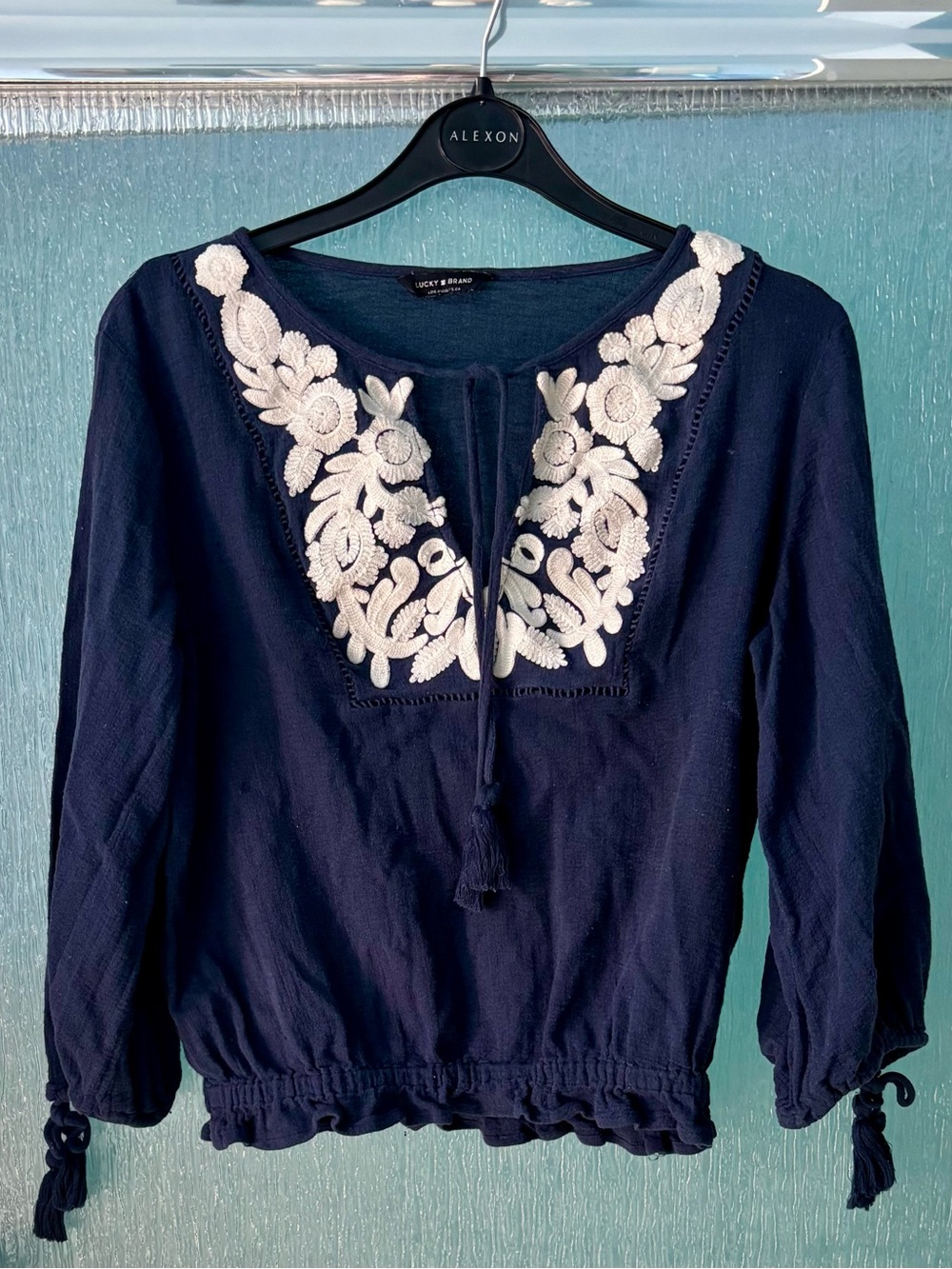 Lucky Brand Navy Tunic Top with White Floral Embroidery